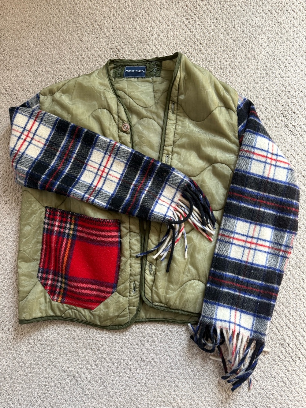 Parker Thatch Quilted Utility Jacket with Plaid Sleeves - Olive Green - Picture 2 of 4